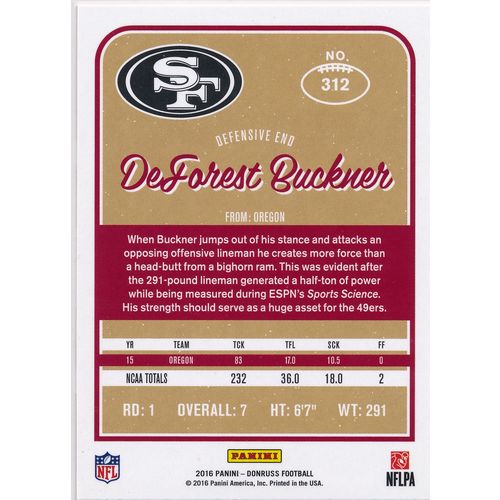 2016 Donruss Football Press Proof Blue 312 DeForest Buckner RC 49er
