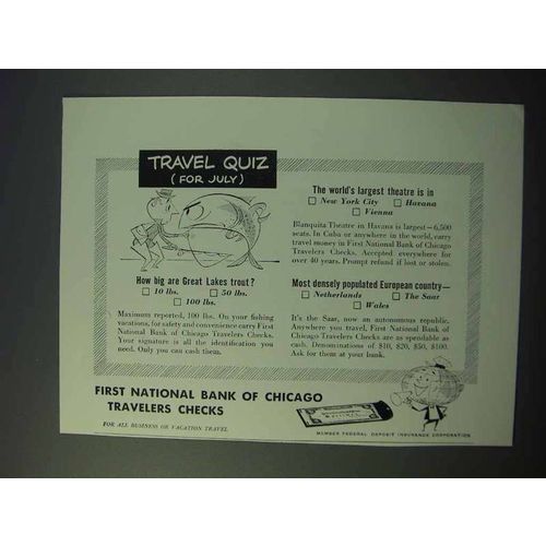 1953 First National Bank of Chicago Travelers Checks Ad