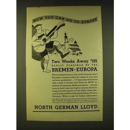 1933 North German Lloyd Cruise Ad - Now you can go to Europe
