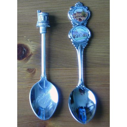 SOUVENIR ENAMELLED SPOONS SILVER PLATE COTSWOLDS & WINDSOR CASTLE total two