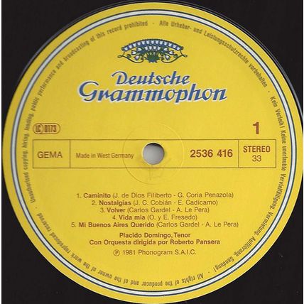 Deutsche Grammophon stereo LP #2536-416 - "Placido Domingo Sings Tangos" - MINT!