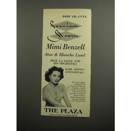 1952 The Plaza Hotel Ad - Persian Room Mimi Benzell