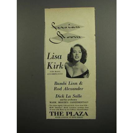 1952 The Plaza Hotel Ad - Persian Room Lisa Kirk