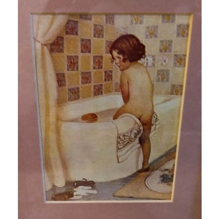 Framed & Matted Kimberly Enterprises, Inc. Vintage Tile Artwork Girl in Bathroom