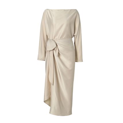 Apricot Satin Wrap Tie Side Boat Neck Long Sleeve Dress