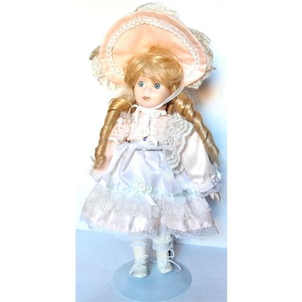 A PORCELAIN DOLL - RACHEL - PINK DRESS + LACE + BOW - 32 cm tall VERY GOOD