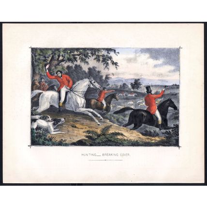 HUNTING - BREAKING COVER 1890 Horses Hounds VICTORIAN LITHOGRAPH