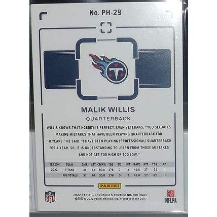 2022 Panini Chronicles MALIK WILLIS (Titans) Photogenic Rookie Card #PH-29