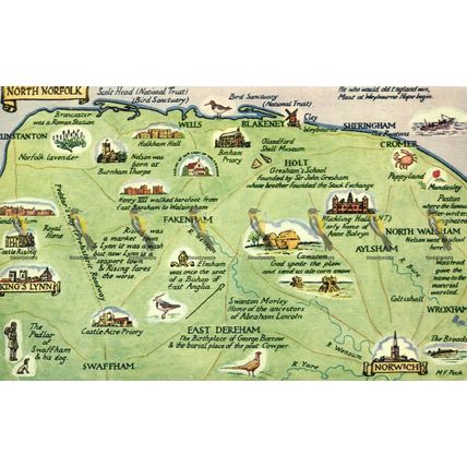 North Norfolk, Map, 4557 Salmon Water Colour Postcard
