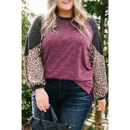 Multicolor Leopard Colorblock Long Sleeve Plus Size Top