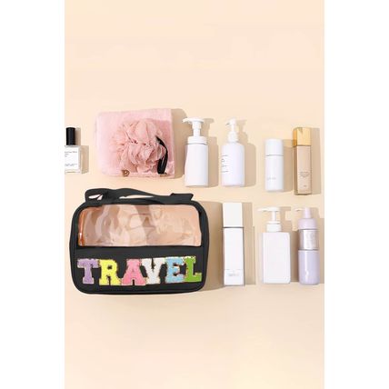 Black TRAVEL Chenille Letter Clear PVC Makeup Bag