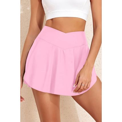 Pink Solid Pocketed Crossover High Waist Swim Skort