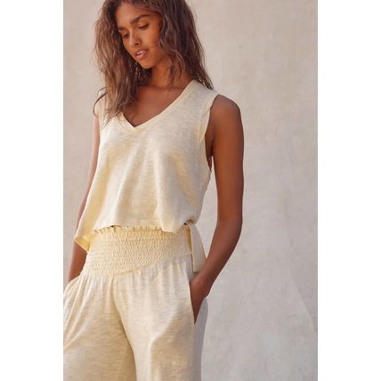 Beige Solid Color Tank Top and Smocked Waist Pants Set