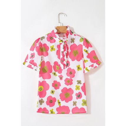 Pink Floral Ruffle Short Sleeve Striped Buttoned Collar Blouse