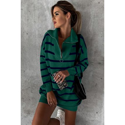 Green Striped/Solid O-ring Zip Collared Loose Sweater Mini Dress