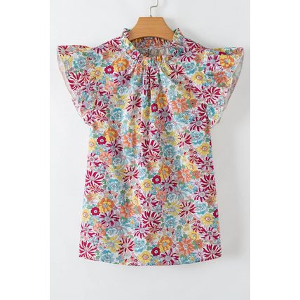 Multicolour Floral Pleated Detail Flutter Sleeve Blouse