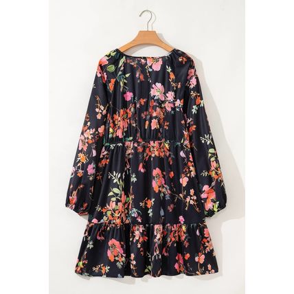 Black Plus Size Floral Print Tie Neck Cinched Waist Long Sleeve Mini Dress