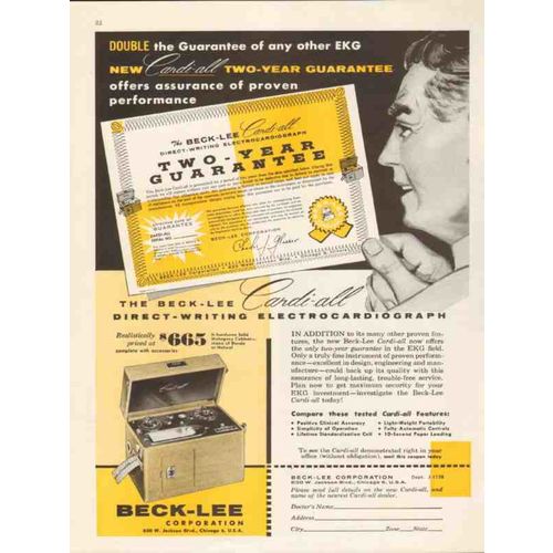 beck-lee corp 1959 cardi-all electrocardiograph ekg medical vintage ad