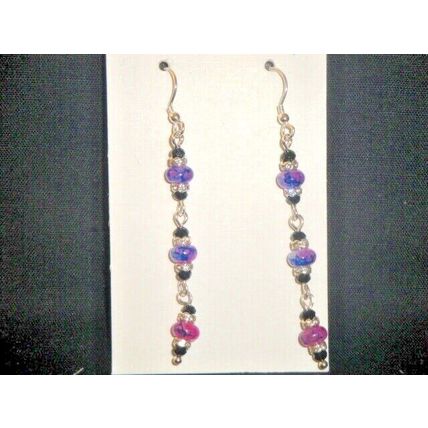 Black purple blend & clear crystal spacer 925 silver hook earrings