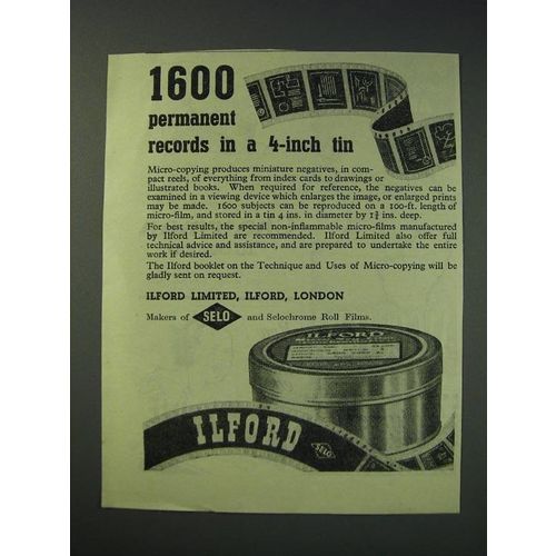 1942 Ilford Micro-Copy Film Ad - 1600 permanent records in a 4-inch tin