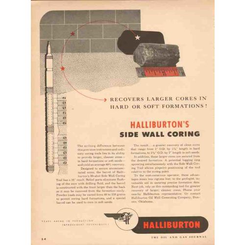 HALLIBURTON OIL WELL CEMENTING 1953 side wall coring vintage ad