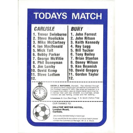 1978-79 CARLISLE UNITED v BURY (Good Condition - No Writing)