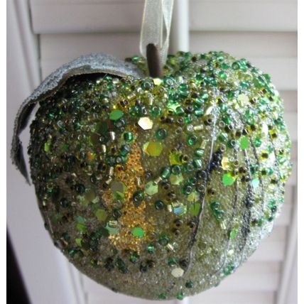 Christmas Ornament: Set of 2 Beaded Apples - Green & Rosy Pink