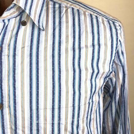 Bugatchi Uomo Casual Dress Shirt Lrg Blue/Beige Stripes