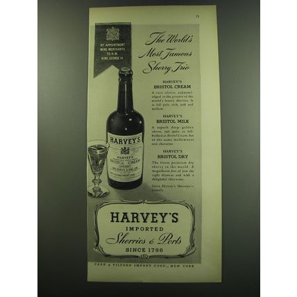 1949 Harvey's Bristol Cream Sherry Ad - The world's most famous Sherry Trio