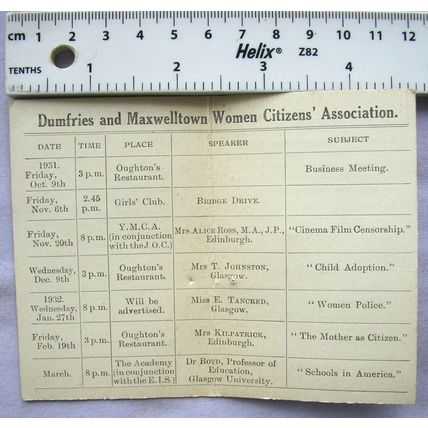 1931 list of speakers Dumfries & Maxwelltown Women Citizens' Association