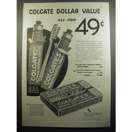 1933 Colgate Dental Cream and Toothbrush Ad - Colgate Dollar Value all for 49¢