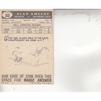 ALAN AMECHE 1959 AUTOGRAPHED BALTIMORE COLTS HOF WORLD CHAMPION FULLBACK CARD