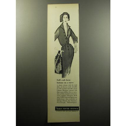 1957 Saks Fifth Avenue Fashion Ad - Fall's soft form buttons on a curve