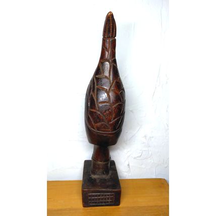 African Sculpture Tribal Woman Head w/Fish Wood Carving - Abstract Art - VTG
