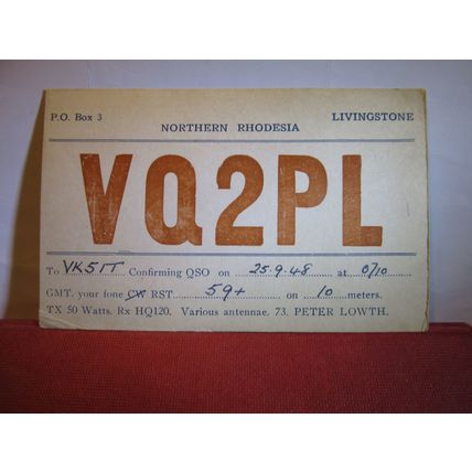 used QSL card LIVINGSTONE, NORTHERN RHODESIA 1948 =
