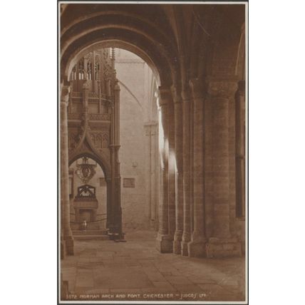 Norman Arch and Font, Chichester Cathedral, 1920 - Judges RP Postcard