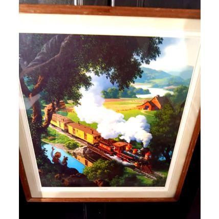Old Lithograph Print Iron Horse By Brown & Bigelow Framed 17" X 15" 1953