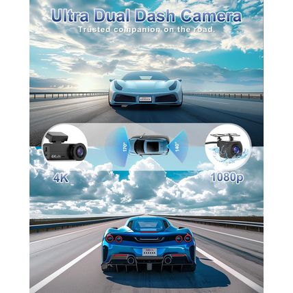 4K Dash Cam Front and Rear, Wifi Dash Cam with 64GB Card, 4K+1080P Dash Camera f