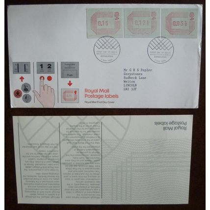 1984 GB Frama 3 postage labels Royal Mail FDC Edinburgh Lincoln
