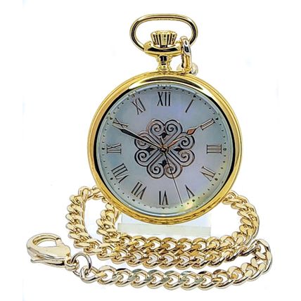 14K Gold Plated Men Big Heavy Brass Pocket Watch White MOP Dial + MOP Stone