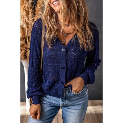 Blue Lightweight Buttoned Front Crochet Cardigan