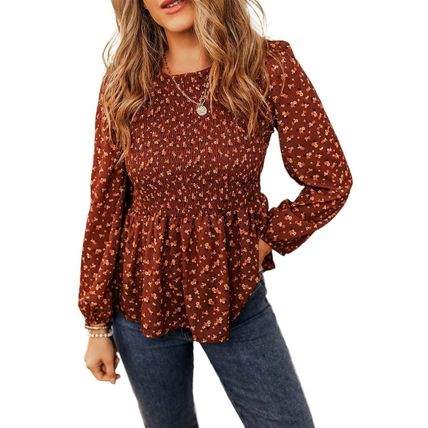 Boho Floral Smocked Bust Ruffled Peplum Blouse