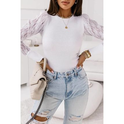 White Lace Splicing Sleeve Ribbed Slim Top
