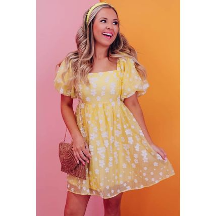 Yellow Boho Flower Jacquard Puff Sleeve Square Neck Mini Dress