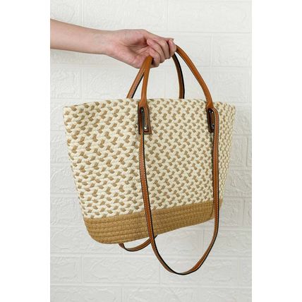 Beige Contrast Woven Leather Handle Single Shoulder Bag