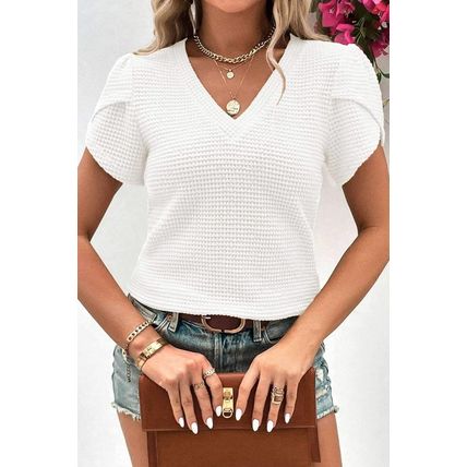 White V Neck Petal Sleeve Waffle Knit T-Shirt