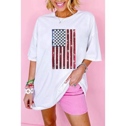 White Sequined American Flag Crewneck Oversized Tee