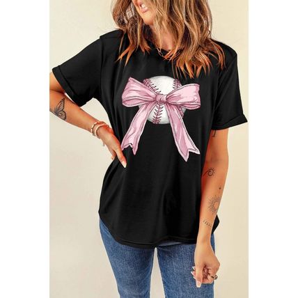 Black Baseball Bow Knot Print Round Neck T Shirt