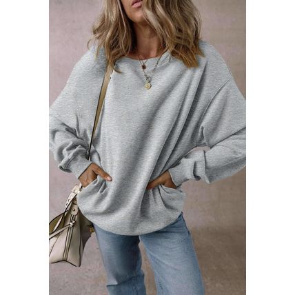 Light Grey Solid Fleece Lined Crew Neck Casual Sweatshirt
