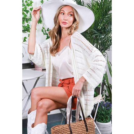 White Pointelle Knit Bracelet Sleeve Open Cardigan